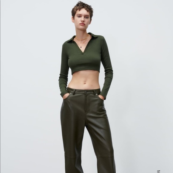 Zara khaki crop top knit polo collar - Picture 3 of 3